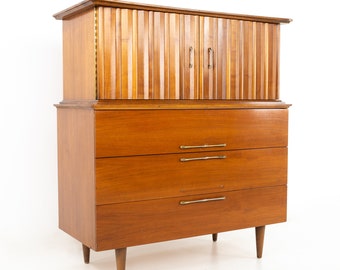 United Style Young Manufacturing Mid Century Walnut and Brass Gentlemans Chest Highboy Commode - mcm