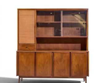 Merton Gershun for American of Martinsville Mid Century Walnut and Cane Credenza and Hutch