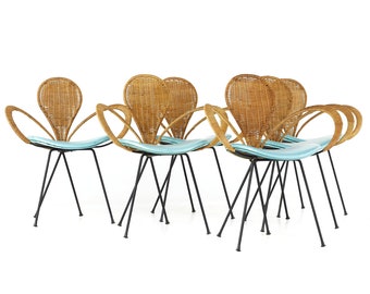 Arthur Umanoff for Shaver Howard Mid Century Rattan and Iron Dining Chairs - Set of 6 - mcm