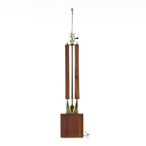 Laurel Mid Century Brass and Walnut Table Lamps Pair mcm image 7