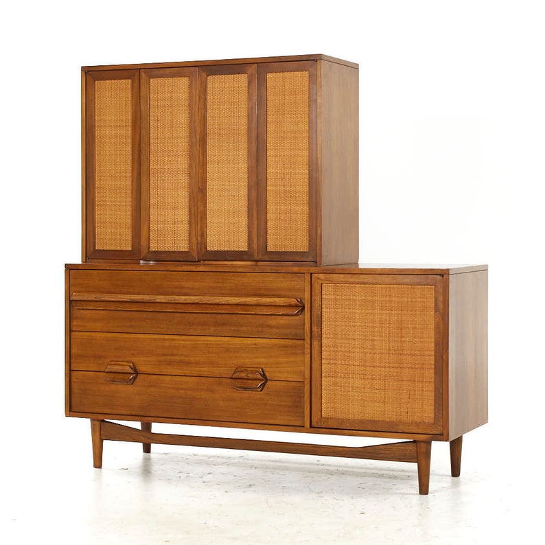 Lawrence Peabody Mid Century Walnut and Cane Buffet with Hutch mcm image 3