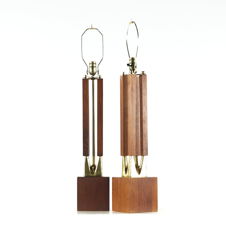 Laurel Mid Century Brass and Walnut Table Lamps Pair mcm image 3