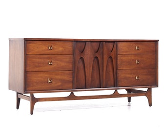 Broyhill Brasilia Mid Century Walnut and Brass 9-Drawer Lowboy Dresser - mcm