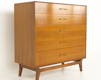 Rway Mid Century 5 Drawer Walnut and Brass Highboy Dresser - mcm