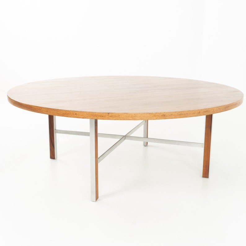 Paul McCobb for Calvin Linear Group Mid Century Round Walnut and Stainless Coffee Table mcm image 2