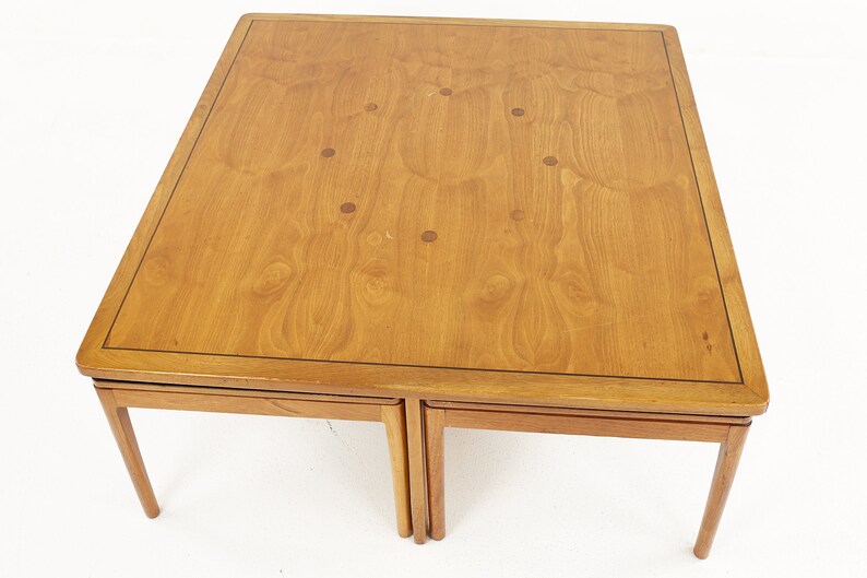 Kipp Stewart for Drexel Declaration Mid Century Black Laminate and Walnut Nesting Table Set mcm image 8