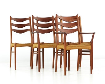 Arne Wahl Iversen GS90 Mid Century Danish Teak Dining Chairs with Rope Seats - Set of 6 - mcm