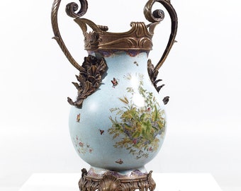Vase bleu clair en bronze et céramique - mcm