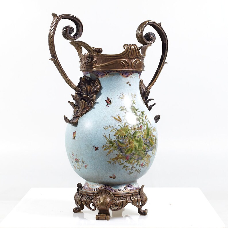 Bronze and Ceramic Light Blue Vase mcm image 1