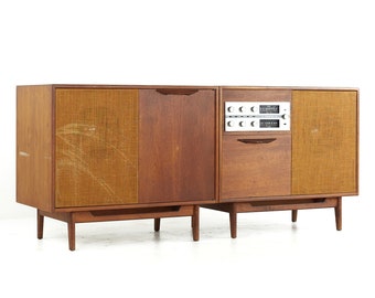 Jens Risom Mid Century Walnut 2-Piece Stereo Console - mcm