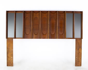 Tobago Brutalist Mid Century Walnut and Mirror Queen Storage Headboard - mcm