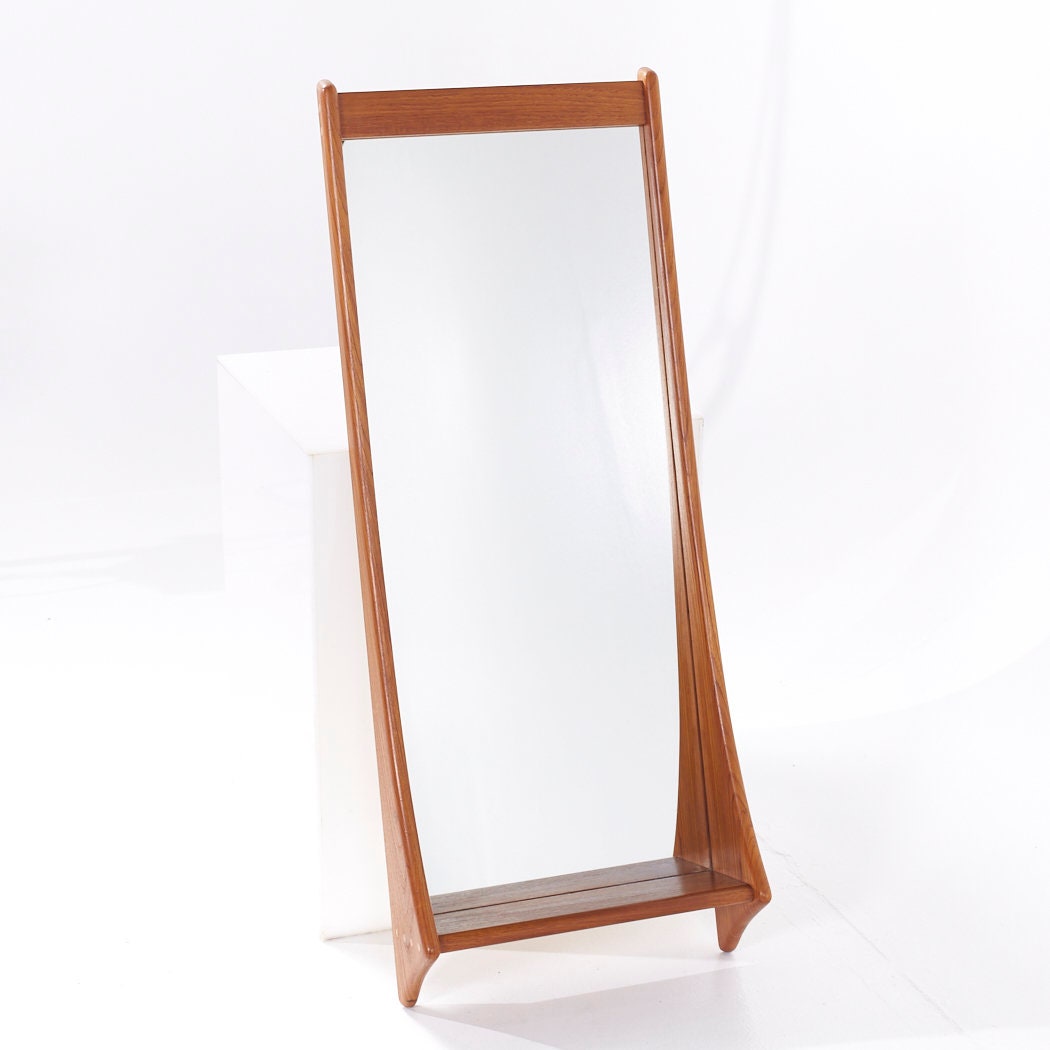 Jansen Spejle Mid Century Danish Teak Wall Hall Mirror with Shelf - mcm