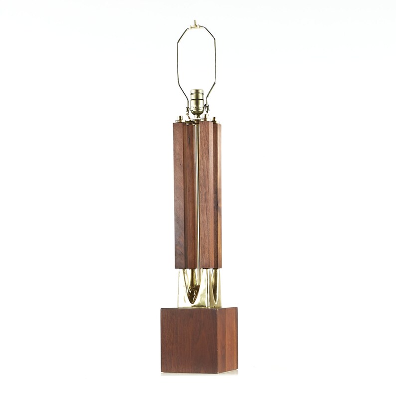 Laurel Mid Century Brass and Walnut Table Lamps Pair mcm image 6