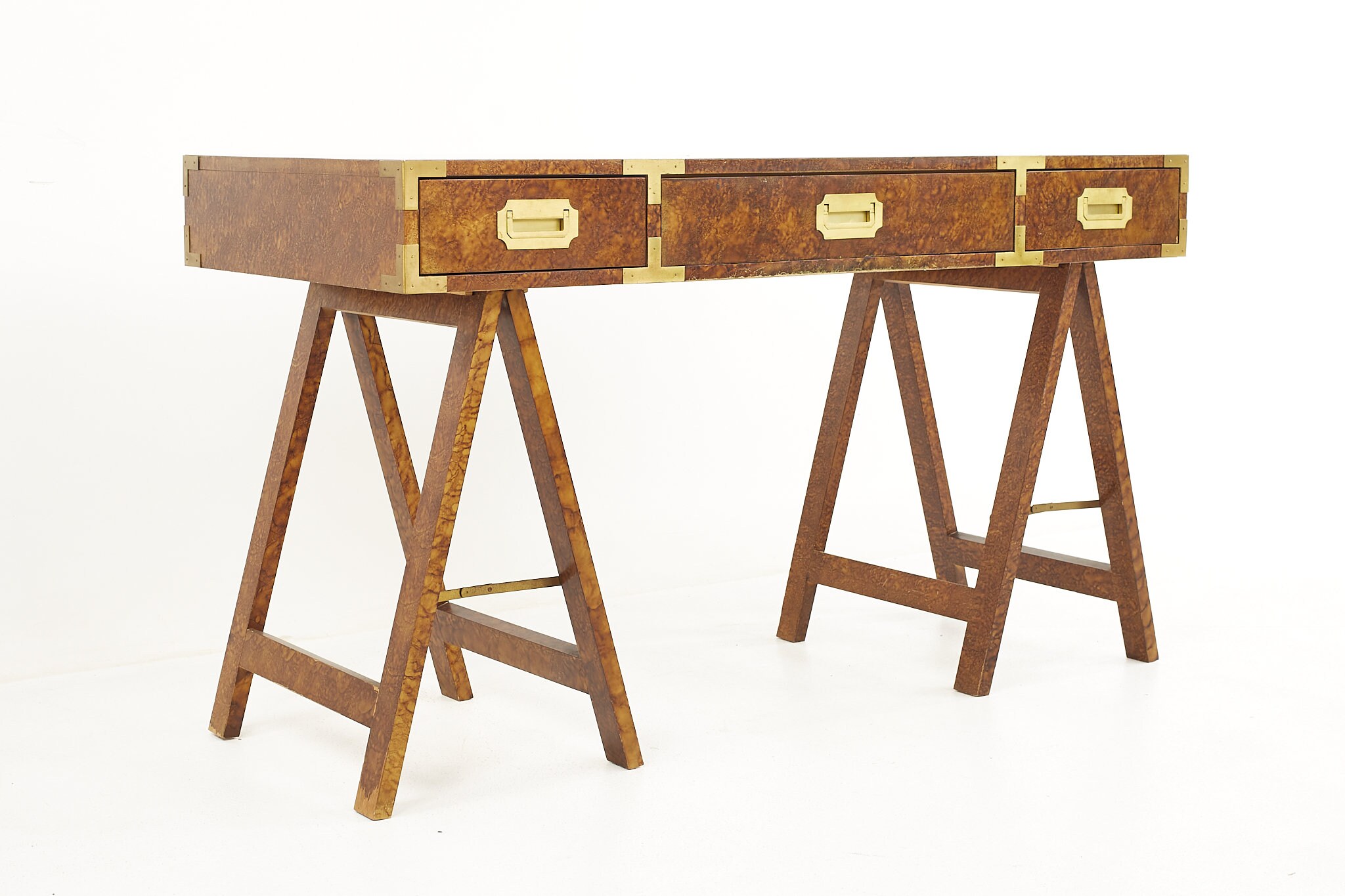 Mid Century Burlwood Campaign Sawhorse Desk Mcm Etsy UK