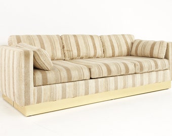 Milo Baughman Style Mid Century Brass Base Sofa - mcm