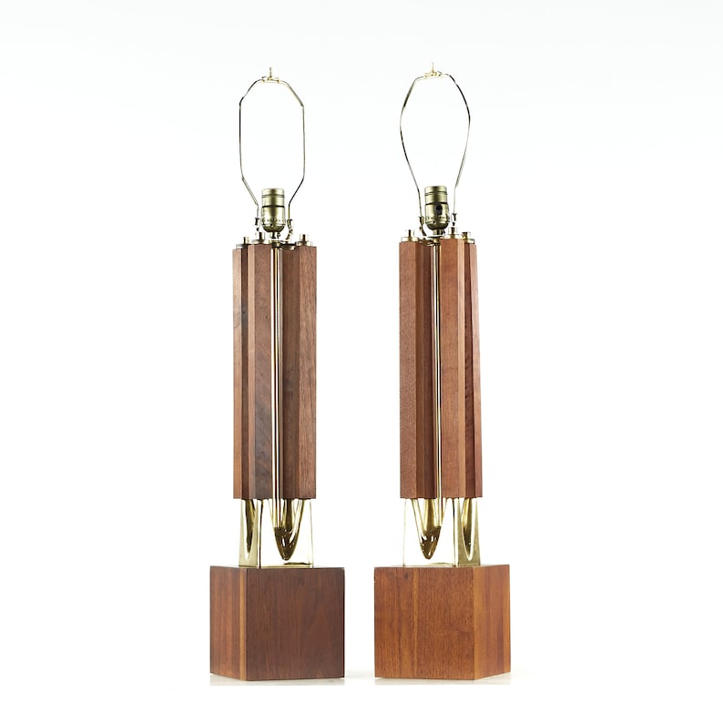 Laurel Mid Century Brass and Walnut Table Lamps Pair mcm image 2