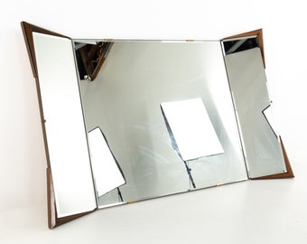 Albert Parvin for American of Martinsville Style Mid Century Diamond Walnut 3 Way Folding Mirror - mcm
