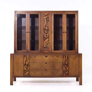 United Mid Century Tiki Walnut Credenza and Hutch - mcm