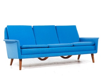 Finn Juhl Style Mid Century Danish Teak Blue Sofa - mcm