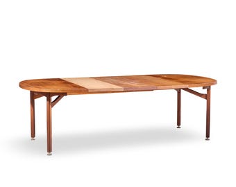 Jens Risom Mid Century Walnut Round Expanding Dining Table with 3 Leaves - mcm