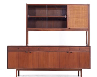Jack Cartwright for Founders Mid Century Cane and Walnut Credenza Hutch - mcm