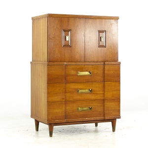 John Widdicomb Mid Century Walnut and Brass Highboy Dresser mcm image 1