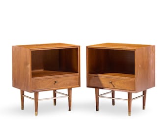 Paul McCobb Style Furnette Mid Century Walnut and Brass Nightstands - Pair - mcm
