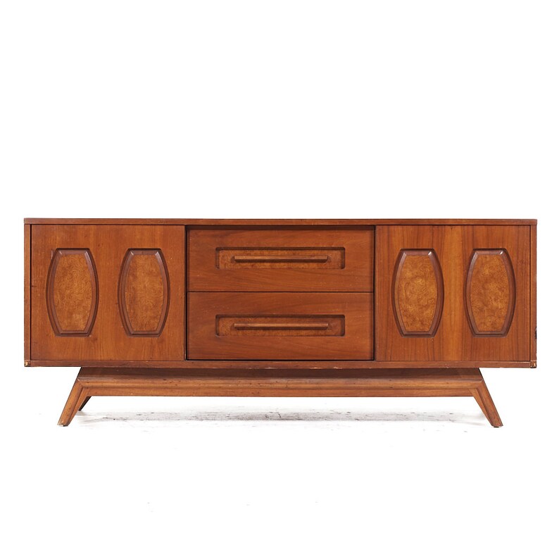 Young Manufacturing Mid Century Walnut and Burlwood Credenza and Hutch mcm image 5