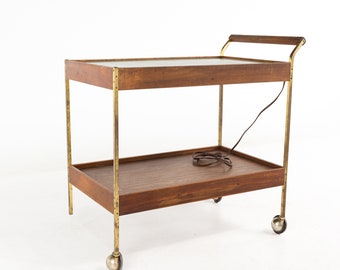Paul McCobb Style Mid Century Walnut and Brass Bar Cart - mcm