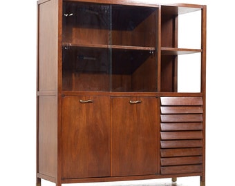 Merton Gershun for American of Martinsville Mid Century Walnut and Brass China Cabinet - mcm