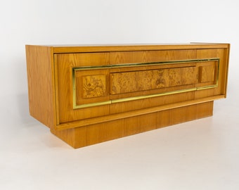 Milo Baughman Style Mid Century Burlwood and Brass Credenza - mcm