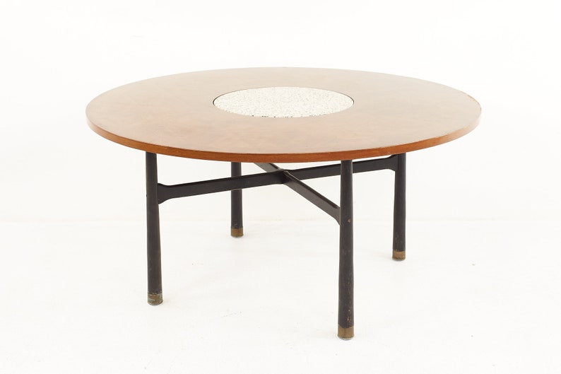 Harvey Probber Mid Century Round Ebonized Walnut Terrazzo and Brass Dining Table mcm image 1