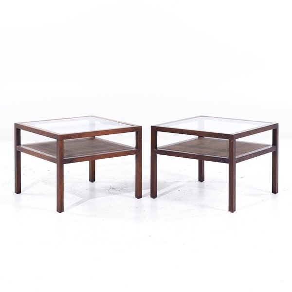 Founders Style Mid Century Oak, Cane and Glass End Tables - Pair - mcm