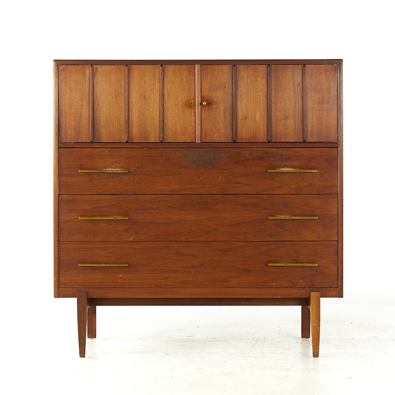 Jack Cartwright Style Ramseur Mid Century Walnut and Brass Highboy Dresser mcm zdjęcie 2