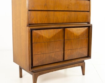 United Mid Century Diamond 8 Drawer Walnut Highboy Dresser  - mcm