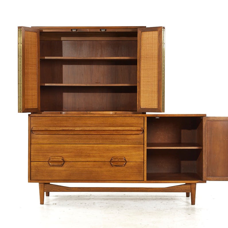 Lawrence Peabody Mid Century Walnut and Cane Buffet with Hutch mcm image 6