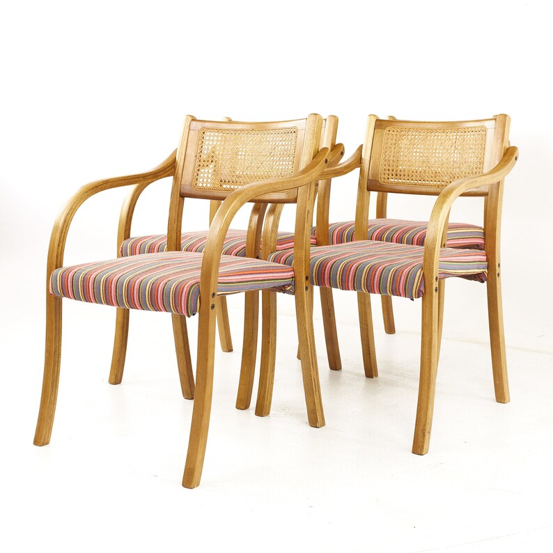 Thonet Style Mid Century Rattan and Bentwood Arm Chairs Set of 4 mcm image 3