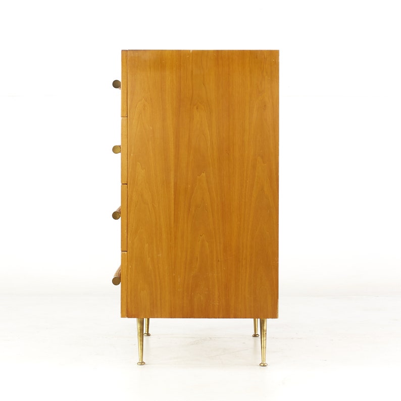 Robsjohn Gibbings for Widdicomb Mid Century 4 Drawer Walnut, Cane and Brass Highboy Dresser mcm image 5