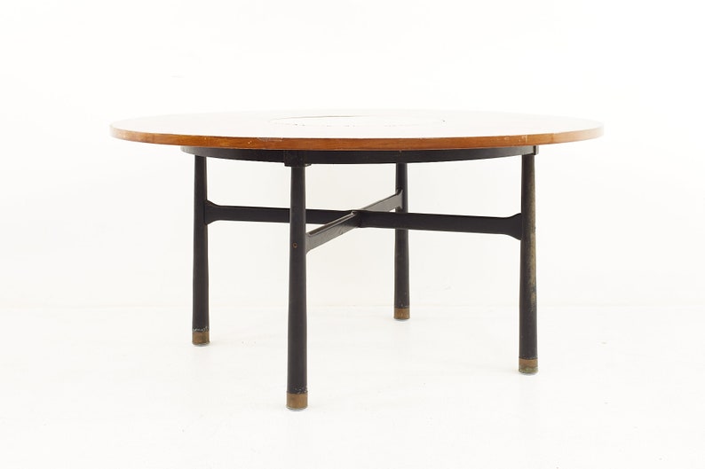 Harvey Probber Mid Century Round Ebonized Walnut Terrazzo and Brass Dining Table mcm image 6