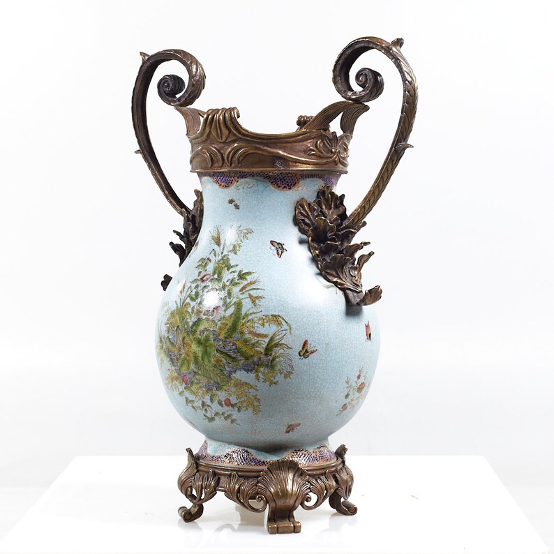 Bronze and Ceramic Light Blue Vase mcm image 3
