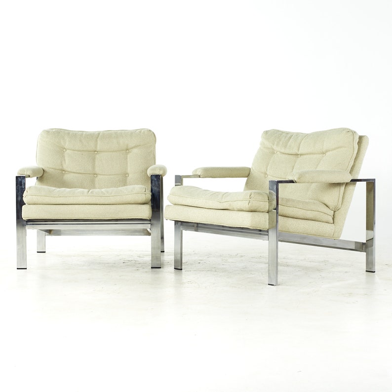 Milo Baughman Style Mid Century Italian Flatbar Lounge Chairs Pair mcm image 3