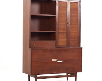 Merton Gershun for American of Martinsville Mid Century Walnut and Cane Bookcase Hutch - mcm