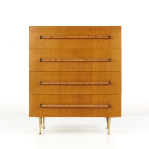 Robsjohn Gibbings for Widdicomb Mid Century 4 Drawer Walnut, Cane and Brass Highboy Dresser mcm image 2