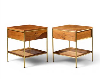 Paul McCobb Model 8714 Mid Century Mahogany, Brass and Cane Nightstands - Pair - mcm