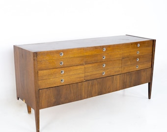 Bassett Trimline Mid Century Walnut 9 Drawer Lowboy Dresser - mcm