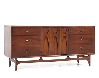 Broyhill Brasilia Mid Century Walnut 9 Drawer Lowboy Dresser - mcm