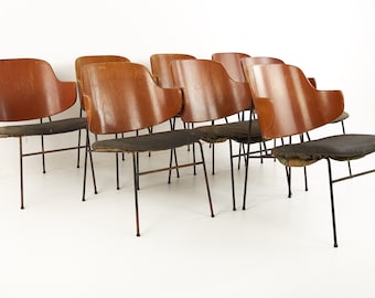 Kofod Larsen Mid Century Penguin Wrought Iron and Bent Plywood Dining Chairs - Set of 8 - mcm