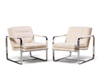 Milo Baughman Style Mid Century Chrome Lounge Chairs - Pair - mcm