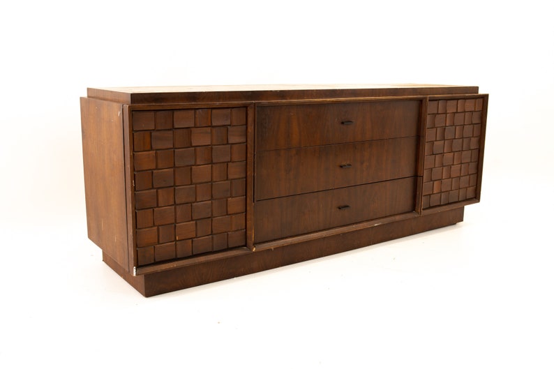 Paul Evans Style Canadian Brutalist Mid Century Walnut 9 Drawer Lowboy Dresser mcm image 1