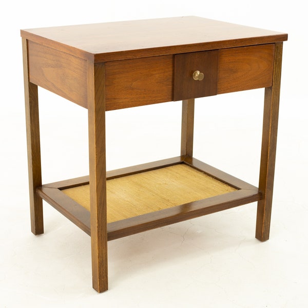 Paul McCobb Style Mid Century Walnut Brass and Grasscloth Nightstand Side End Table - mcm